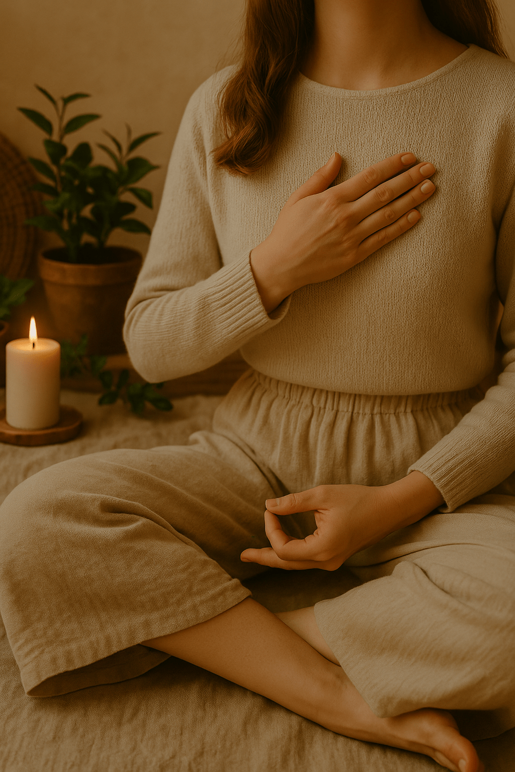Kvinna som mediterar med handen på hjärtat och ett tänt ljus